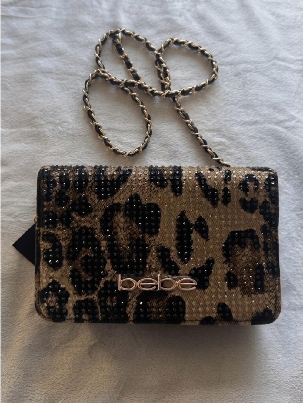 bebe Leopard Beaded Crossbody in Gold and Black